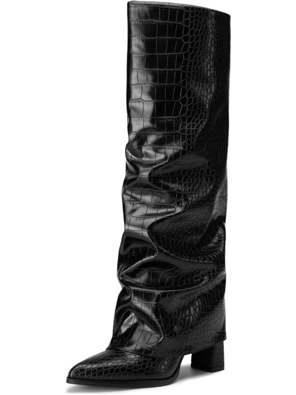 Women's Black Croc Chunky Fold Over Boots PU Leather 3.17" High Heel Pointed Toe